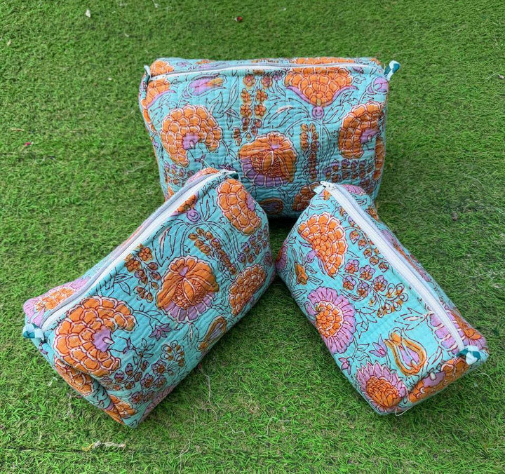 Toiletries Travel Block Print Makeup Bag Cotton Quilted Bags