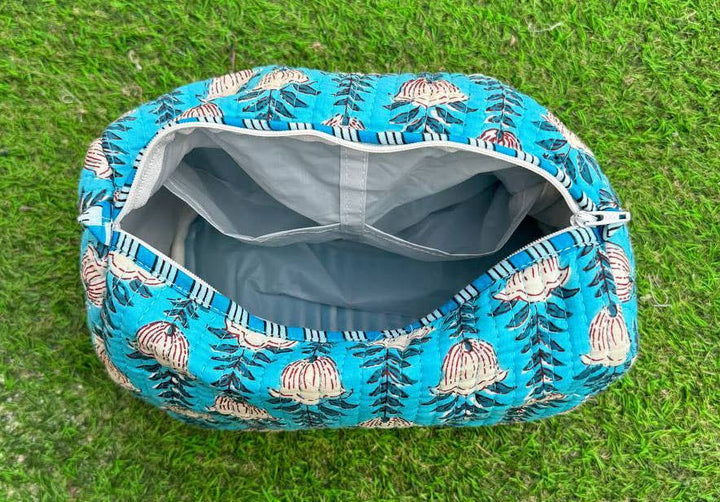 Toiletry Bag Sky Blue Quilted Cotton Block Print Makeup Bags