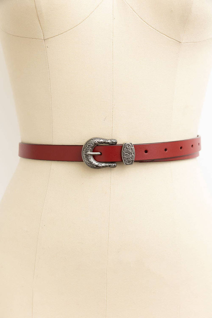 Western Style Skinny Leather Belt - Cowgirl Chic: Red