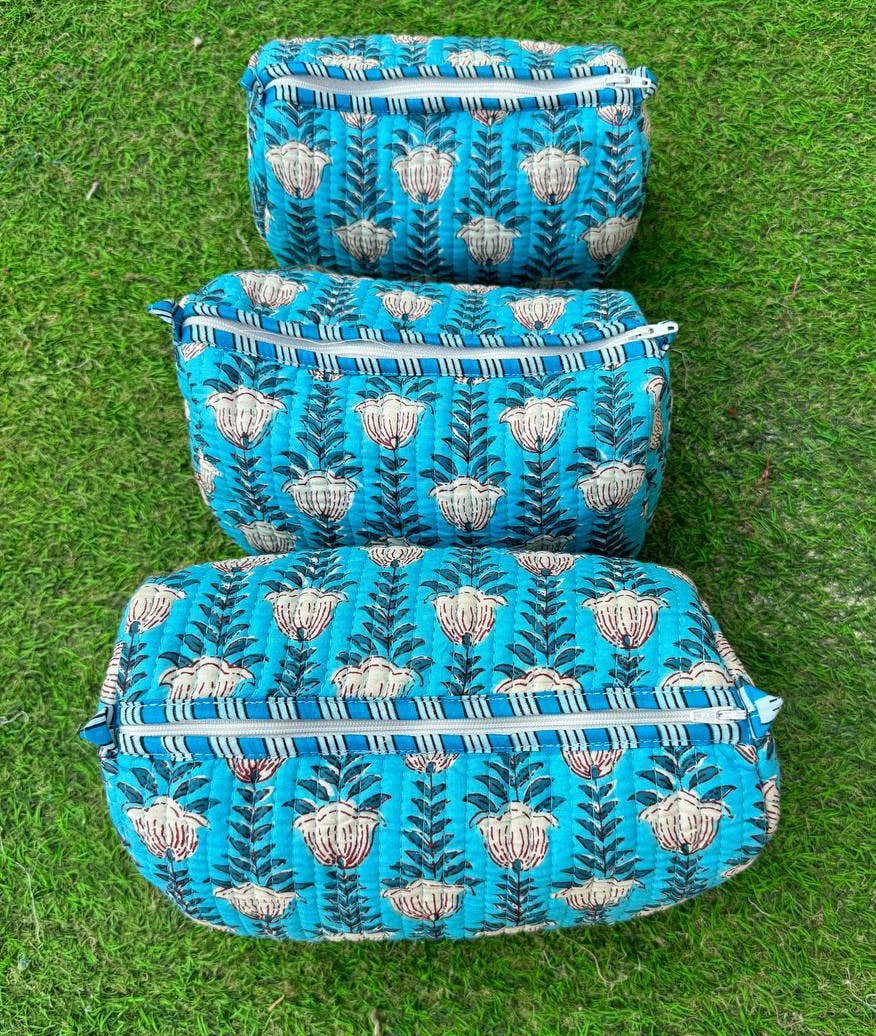 Toiletry Bag Sky Blue Quilted Cotton Block Print Makeup Bags