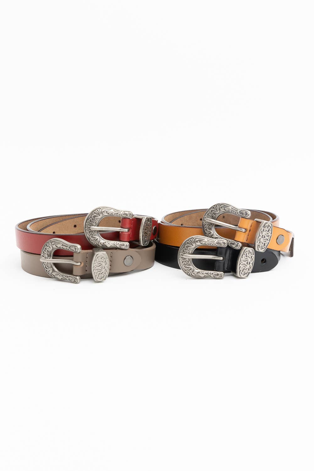 Western Style Skinny Leather Belt - Cowgirl Chic: Red