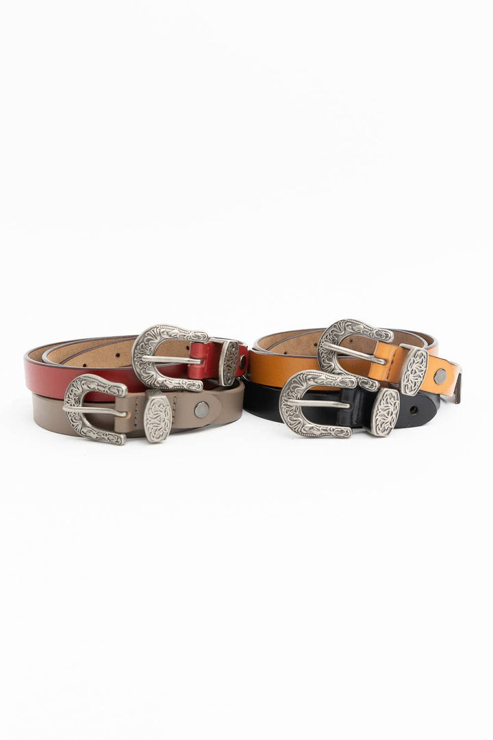 Western Style Skinny Leather Belt - Cowgirl Chic: Red