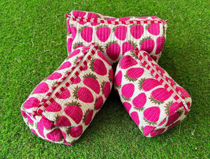 Strawberry Design Printed Cotton Quilted Pouch Cosmetic Bags