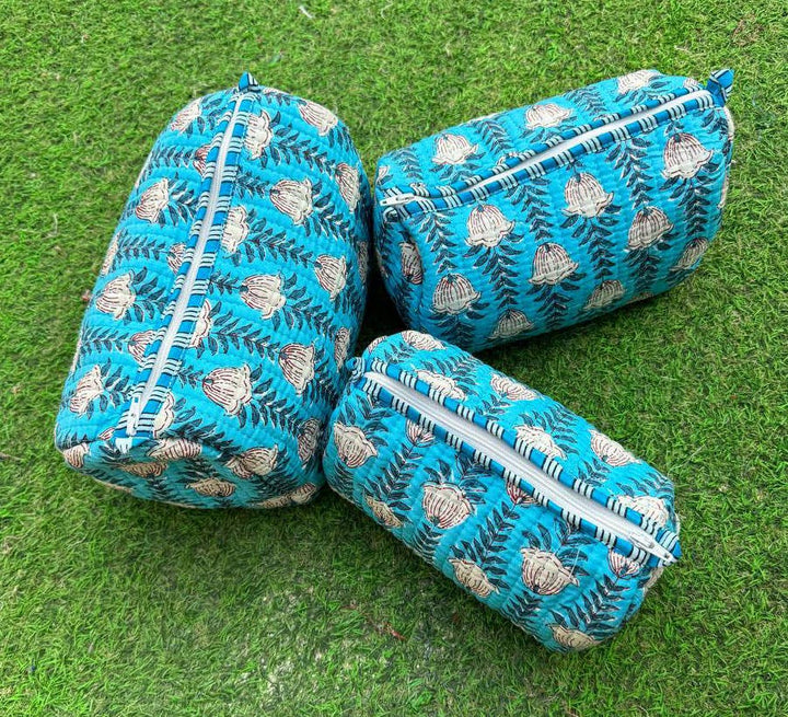 Toiletry Bag Sky Blue Quilted Cotton Block Print Makeup Bags