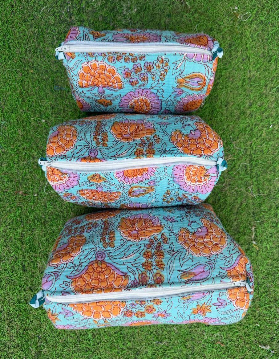 Toiletries Travel Block Print Makeup Bag Cotton Quilted Bags