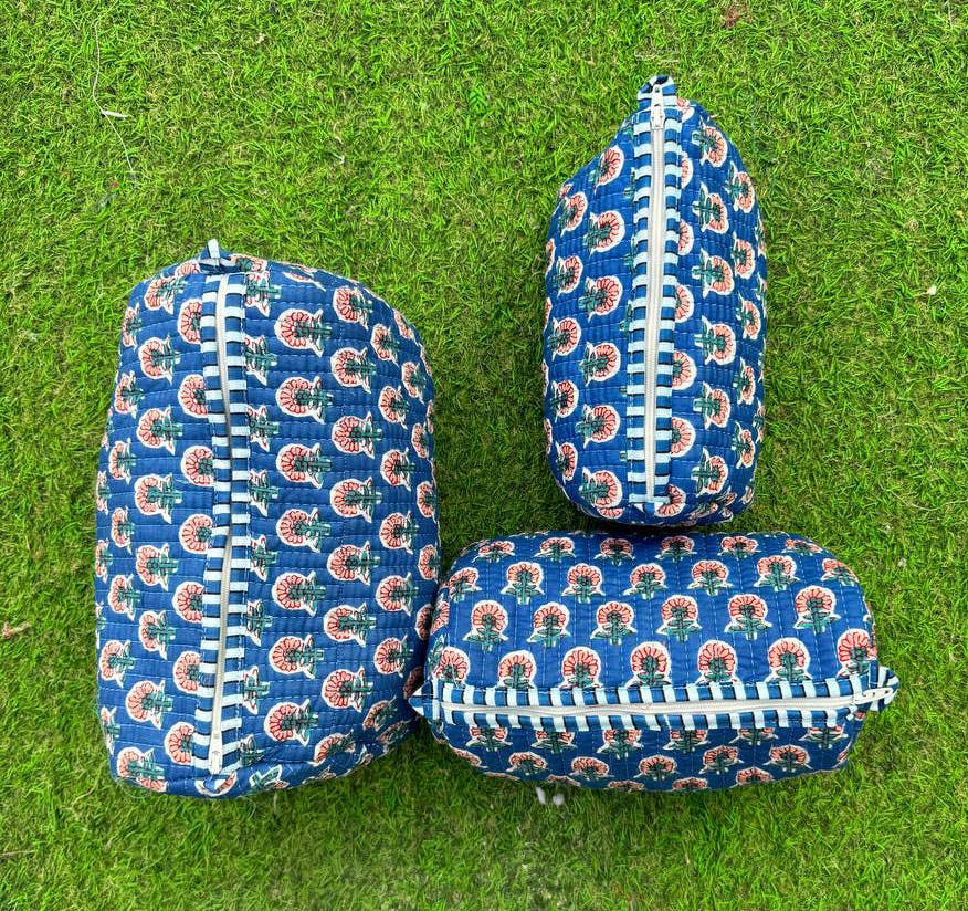 Blue Cotton Cosmetic Bag Floral Print Quilted Bag Travel Bag
