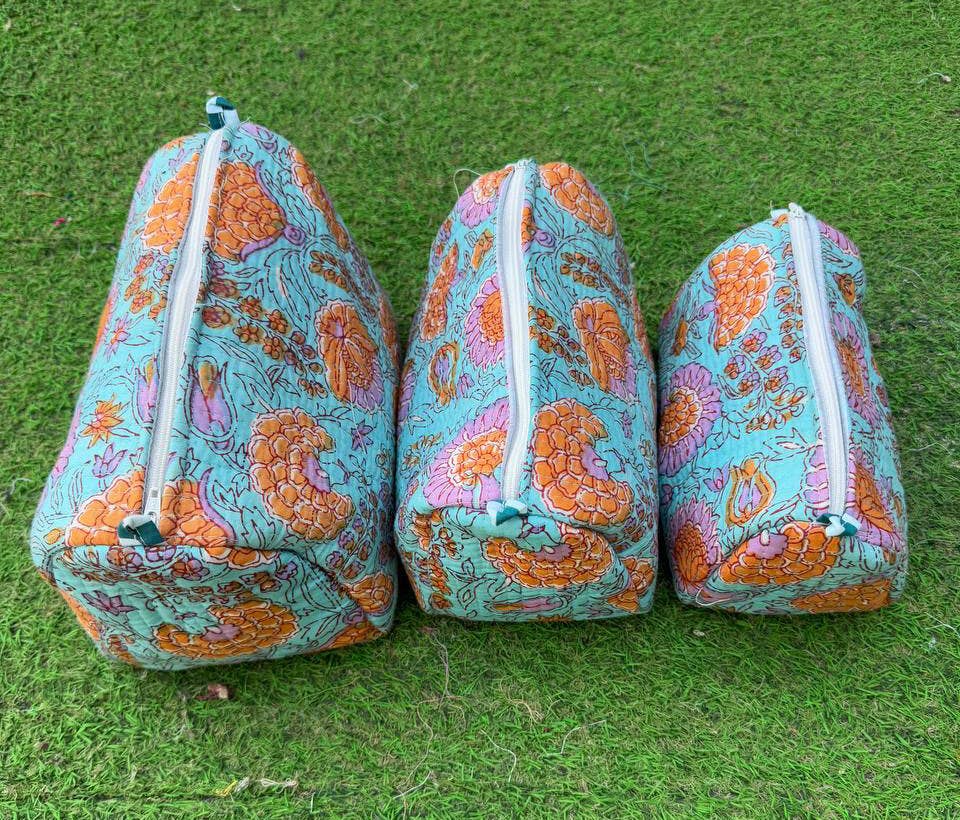 Toiletries Travel Block Print Makeup Bag Cotton Quilted Bags