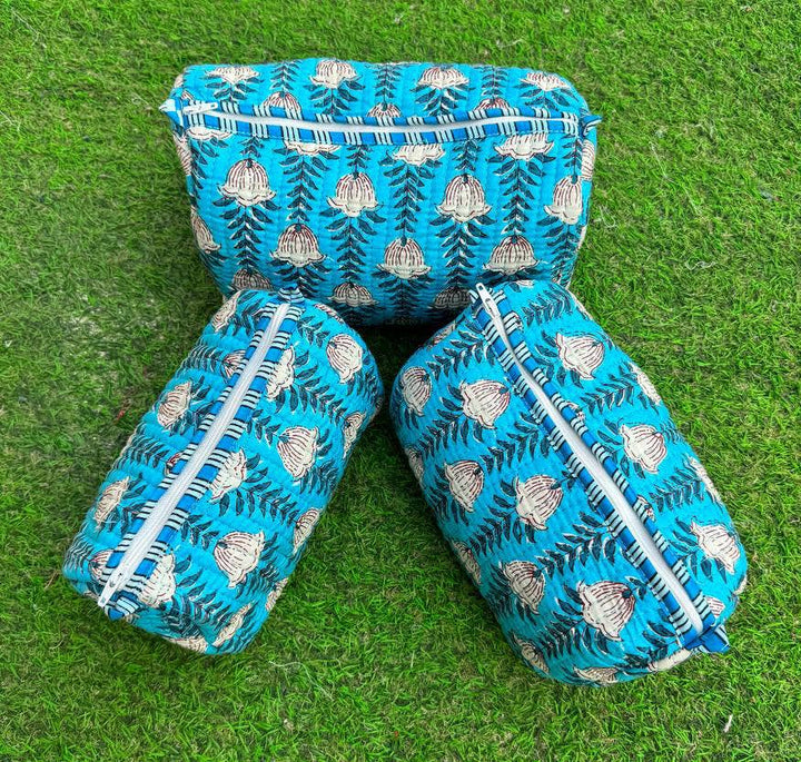 Toiletry Bag Sky Blue Quilted Cotton Block Print Makeup Bags