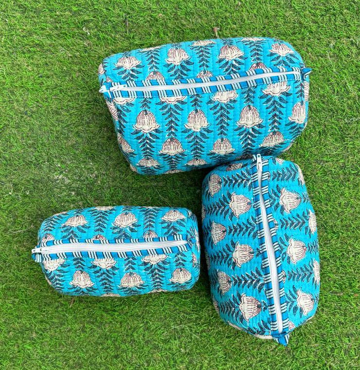 Toiletry Bag Sky Blue Quilted Cotton Block Print Makeup Bags